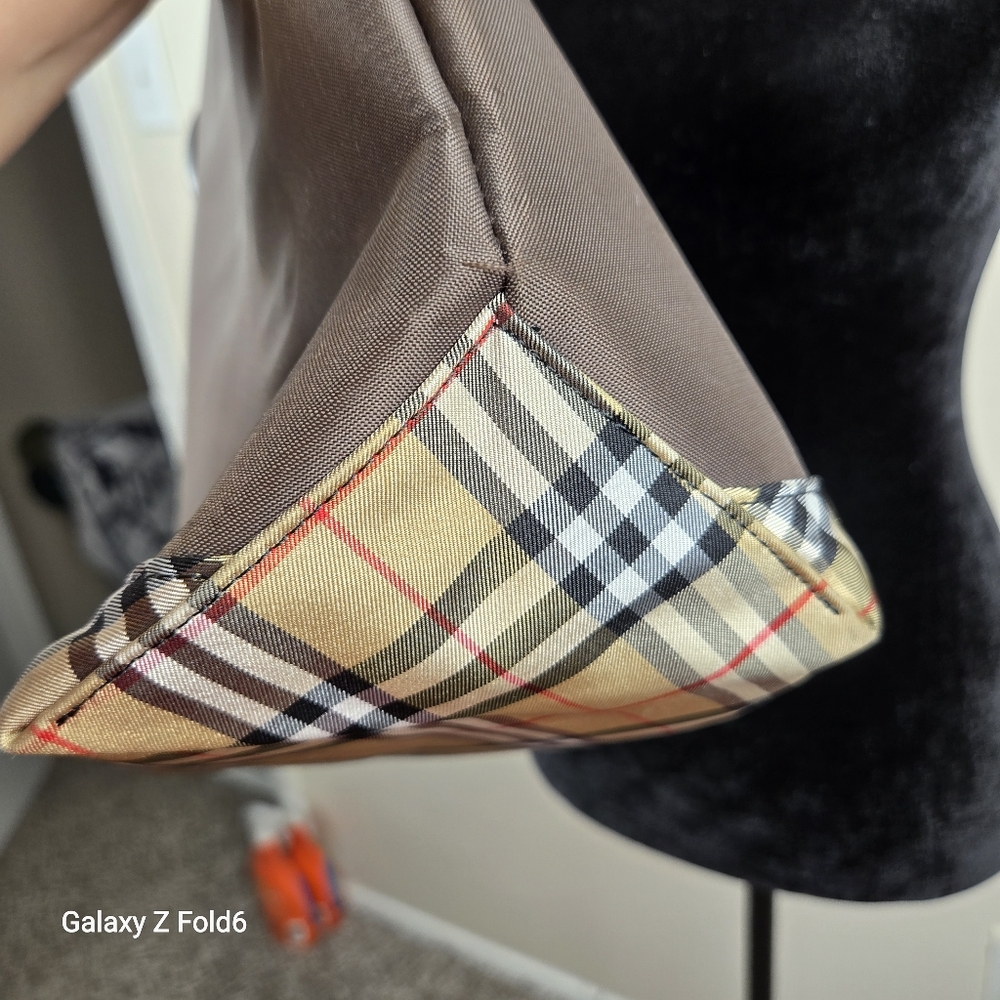 Burberrys Blue Label Nylon Plaid Trim Tote Bag Brown Japan Exclusive Discontinue - Picture 6 of 16